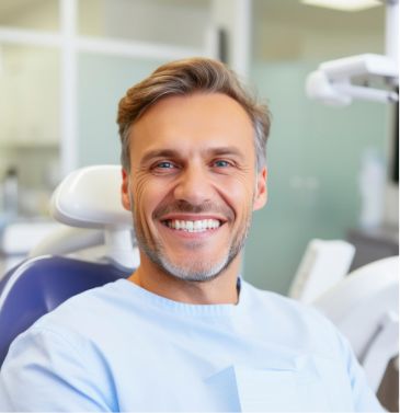 Older man sitting in dental chair and smiling